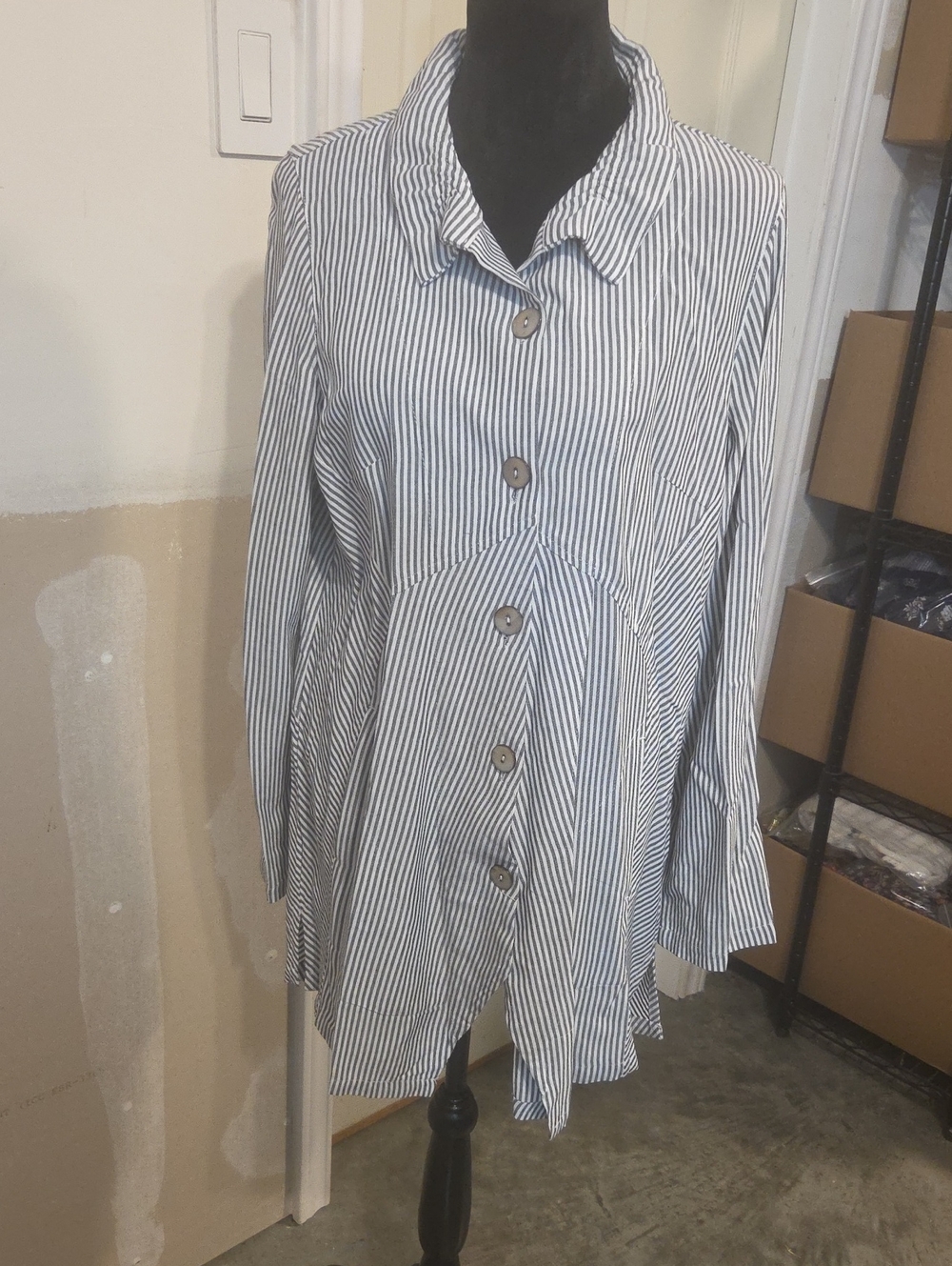 Soft Surroundings Tunic Top Asymmetrical Striped Gray & White Button Down Shirt